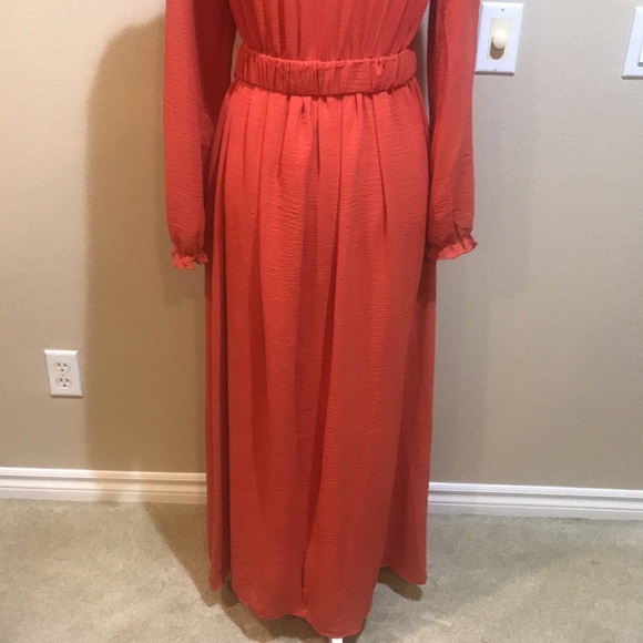 Orange Long Ruffled Sleeve Faux Wrap Belted Waist Maxi Dress-Size M - Picture 9 of 14